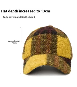 Detail showing the 13cm depth design of the brown and yellow checkered lamb wool baseball cap