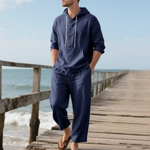 Men's navy linen beach set featuring a hooded long sleeve shirt and matching wide leg pants