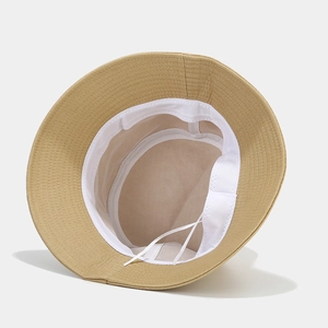 Minimalist khaki cotton bucket hat for men and women with adjustable drawstring and sweatband