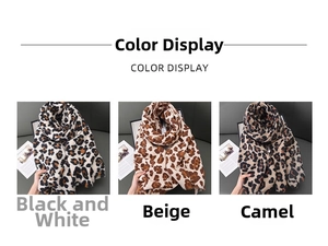 Three-color comparison of leopard print winter scarves featuring tassels and soft fabric