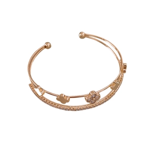 Rose gold clover open bracelet with zircon stones and double-layered crystal band