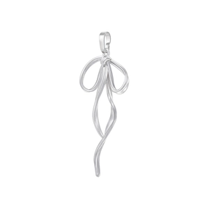 Detailed close-up of a silver bow-shaped pendant with a fluid and 3D ribbon-knot design