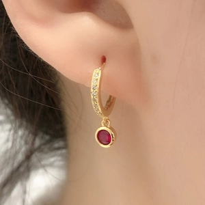 S925 silver hoop earrings with micro-pave zircons and round ruby pendants on model