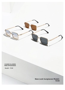 Close-up of model 9338 square metal sunglasses in brown, blue gradient and dark grey
