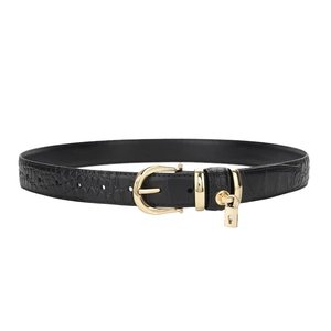Black crocodile embossed leather belt with gold pin buckle and padlock charm for women