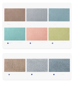 Detailed swatches of waffle and tufted chenille fabrics in various Morandi colors