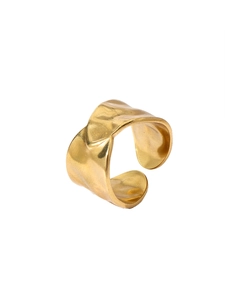 Detail of 18k gold plated wide open ring featuring a hand-hammered textured surface