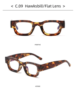 Macro view of square hawksbill sunglasses frames with flat lenses from multiple angles