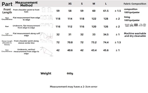 Detailed sizing chart and material composition for the double-breasted trench coat jacket