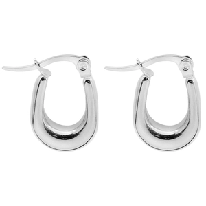 Detailed view of U-shaped silver hoop earrings with a high-polished mirror finish