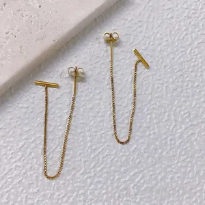 Stainless Steel Long Tassel Chain Earrings Geometric T-Bar Ribbed Hoop Trendy Minimalist Jewelry For Women