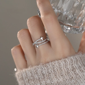 S925 sterling silver double-layer star ring with micro-set zircon on model hand