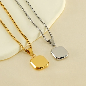 Modern titanium steel box chain necklace with geometric octagonal 18K gold pendant