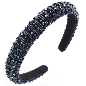Macro shot of handmade baroque headband with luxury navy crystal beads and sponge base