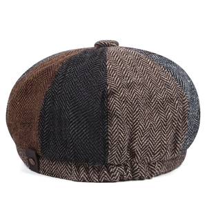 Vintage herringbone newsboy cap featuring patchwork multi-color wool fabric and side metal buckle