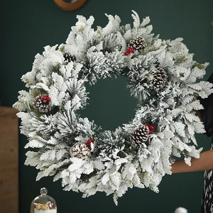 Artificial Christmas Wreath PE PVC Snow Flocked Pine Needles Natural Pine Cones And Red Berries For Door Wall Decor