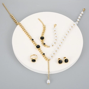 Exaggerated square zircon and pearl jewelry set with gold titanium steel chain