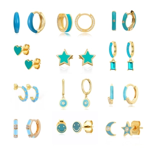 Ins Style Light Blue Enamel Heart Star Moon Smile Stud Earrings 925 Sterling Silver Post Rhinestone Gold Plated Geometric Earrings Women Jewelry