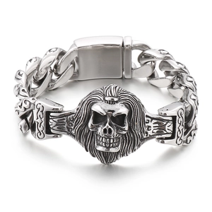 Gothic wolf head skull bracelet in vintage silver stainless steel with cuban chain links