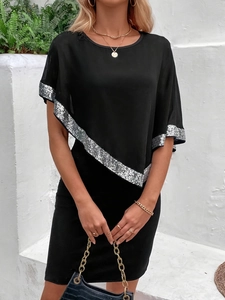 Elegant black mid-length dress with silver sequined batwing sleeves and waist tie design