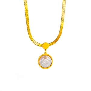 18K gold-plated titanium steel snake chain necklace with a round pearl disc pendant