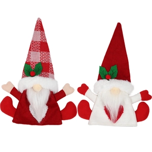 Christmas gnome wine bottle covers set with red knitted hats and festive green leaf details