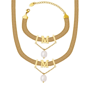 French style gold metal mesh chain jewelry set with letter M pendant and freshwater pearls