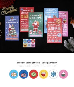 Detail of Christmas paper gift bags with colorful holiday stickers and festive patterns