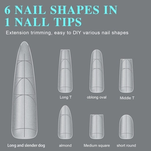 Macro display of various matte nail tip shapes with scale measurements for extension