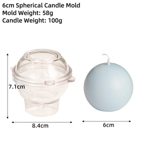 Clear plastic sphere candle mold with 6cm blue spherical candle and size markers