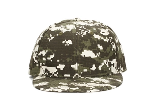 Detailed view of six-panel digital camouflage snapback hat with flat brim and pixelated pattern