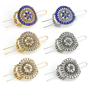 Set of 6 vintage metal flower hair sticks with turquoise rhinestones in gold and silver