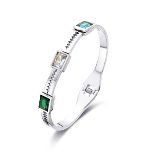 Minimalist silver stainless steel bracelet with green white blue stones and geometric pattern