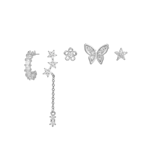 Silver earring set featuring sparkling butterfly, star, and floral studs with zircon