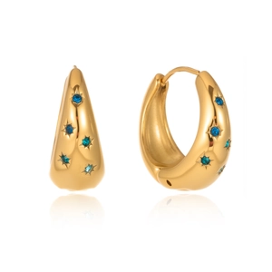 Boucles d'oreilles créoles dorées en acier inoxydable avec étoiles en zircon bleu