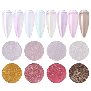 Pearlescent nail art powder set with aurora and glitter effects on colorful swatches