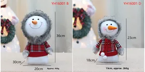 Detail of red plaid snowman plush dolls in two sizes for Christmas window decoration