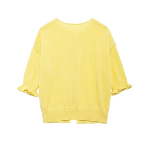 Close-up of yellow knit cardigan with ruffled cuffs and stylish back split hem detail