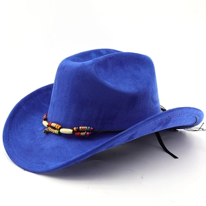 Close-up of suede western cowboy hat with colorful ethnic beaded band and curved brim