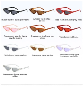 Detailed catalog showing cat-eye sunglasses in various frame colors and tinted lenses