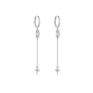 S925 silver long chain tassel earrings featuring marquise and square purple zircons
