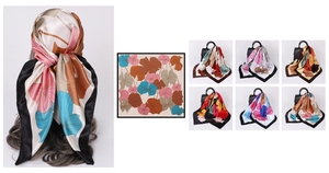 Detailed views of printed satin square scarves showing headwear and bag styling options