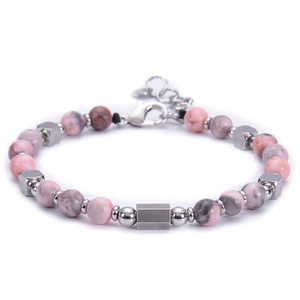 Detail of adjustable stainless steel bracelet with square beads and marble pattern stones