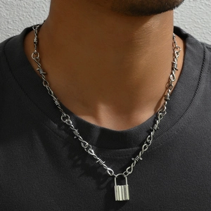 Gothic silver heart padlock necklace with thorn barbed wire chain links for men and women