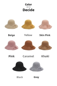 Detail showing eight colors of breathable knitted sun hats with delicate bow decorations