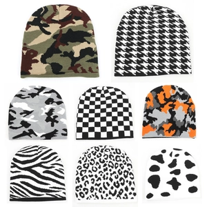 Knitted Beanie Hat Acrylic Camouflage Leopard Houndstooth Print Warm Windproof Winter Outdoor Pullover Cap For Men