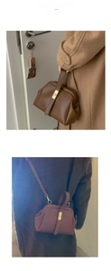 Detailed views of vintage crossbody bag showing top handle and snap closure in two colors