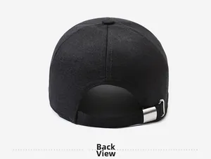 Detail view of the black baseball cap showing the adjustable silver metal buckle at the back