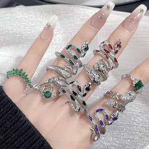 Snake Shaped Copper Rings Inlaid Colorful Zircon Open Adjustable Jewelry Retro Gothic Animal Style For Women