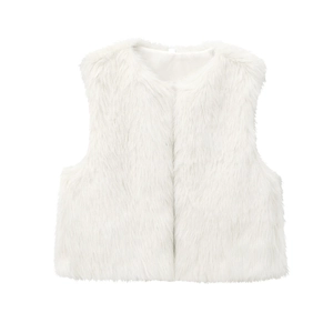 Detailed texture of soft white faux fox fur on the trendy short vest garment